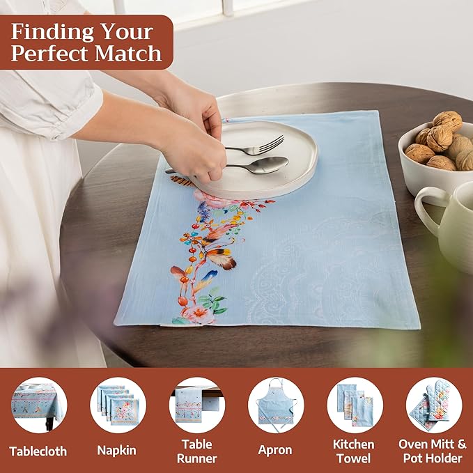 Maison d' Hermine Placemats Set of 4 100% Cotton Washable Cloth Place Mats Reusable Table Mats for Kitchen Dining Party Wedding Gifts for Mothers Day Spring/Summer (Ibiza - Blue, 13" x 19")