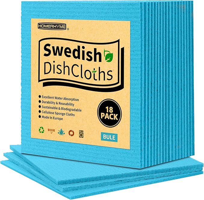 Swedish Dishcloths, 18 Pack Kitchen Towels Dish Rags, Absorbent Swedish Dish Towels for Kitchen, Non-Scratch Cellulose Sponge Cloths, Biodegradable Washable Reusable Paper Towels, Blue