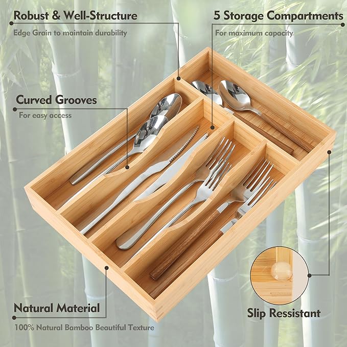 Upassion Bamboo Kitchen Drawer Organizer, 8.25 Inch Silverware Utensil Holder for Samll Drawer, Silverware Organizer for Cutlery Knives, Natural
