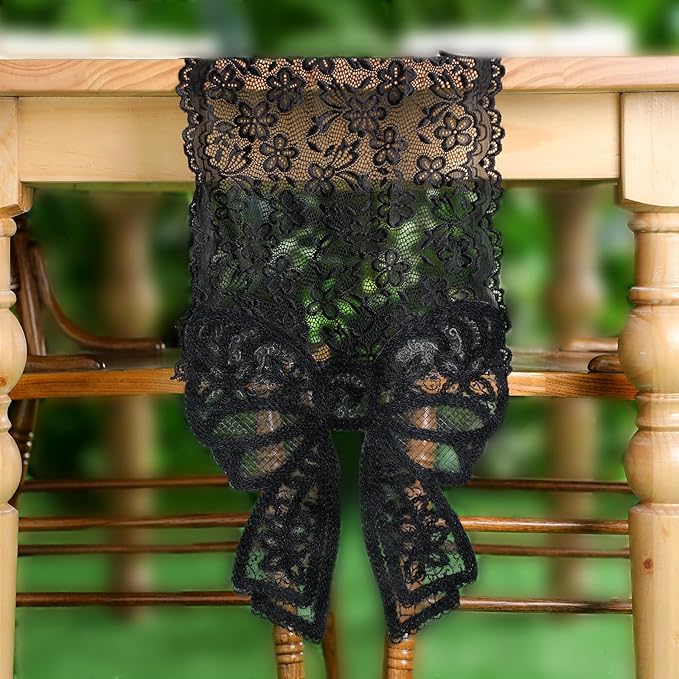 Black Lace Table Runner with Big Bow Ends 12 x 71 Inch Vintage Rectangle Macrame Embroidered Runner French Style Tablecloth for Wedding Kitchen Dining Table Home Decor
