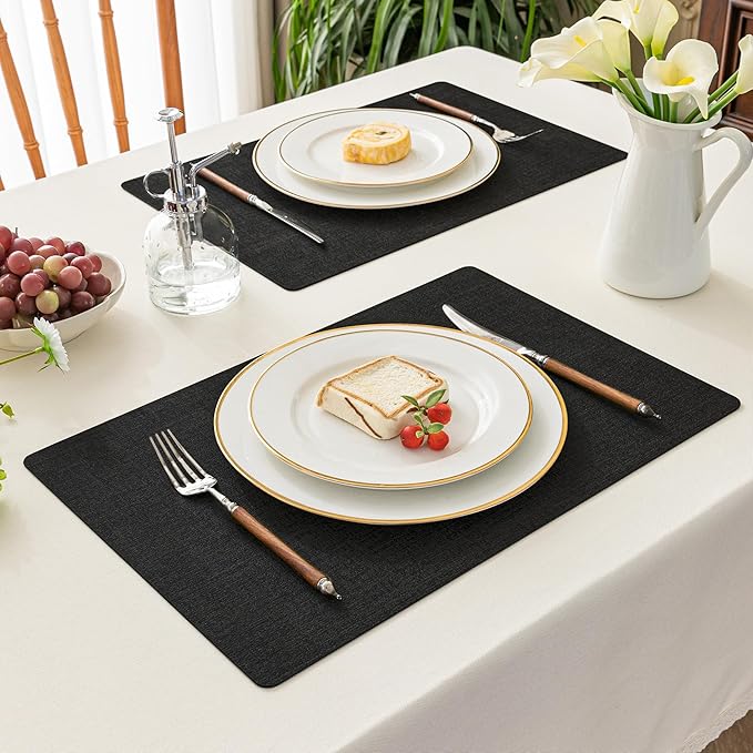 Romanstile Vinyl Placemats Set of 6-12 X 17 Inch - Faux Leather 100% Waterproof Oil-Proof Wipeable Place Mats, Heat Resistant Reversible PU Table Mats for Kitchen Dining Party Outdoor, Black