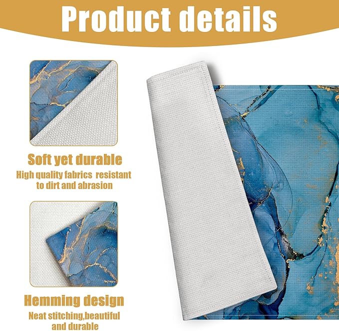 Blue Gold Marble Placemats Set of 6, Linen Place Mat Washable Stain Resistant Table Mats for Farmhouse Kitchen Dining Party Wedding Decor 12x18 Inch