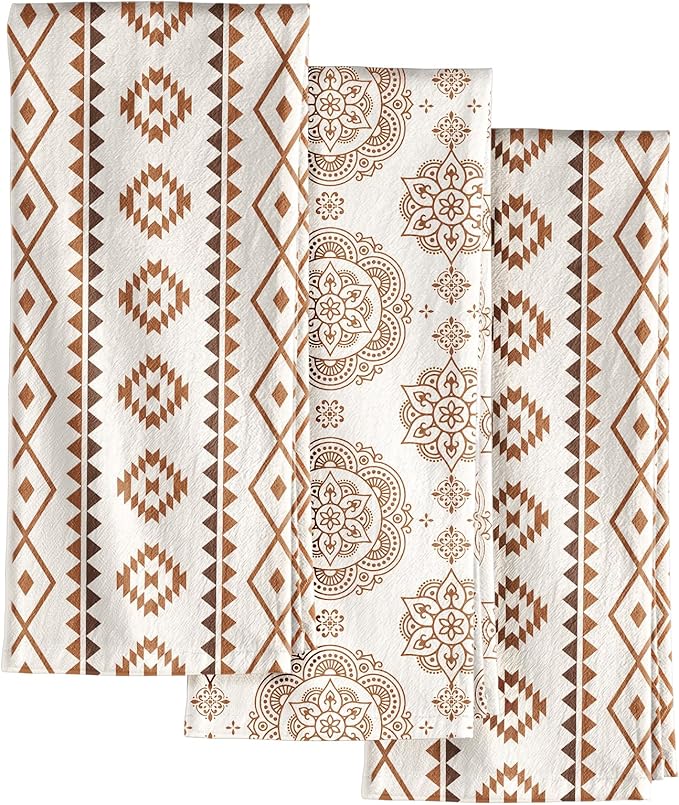 Miss Adola Neutral Flour Sack Kitchen Towels - 3 Pack 18"x 26" Cotton Farmhouse Fast Drying Decorative Hand Tea Towel Dishcloth with Hanging Loop for Home Decor Housewarming Gift, Bohemian