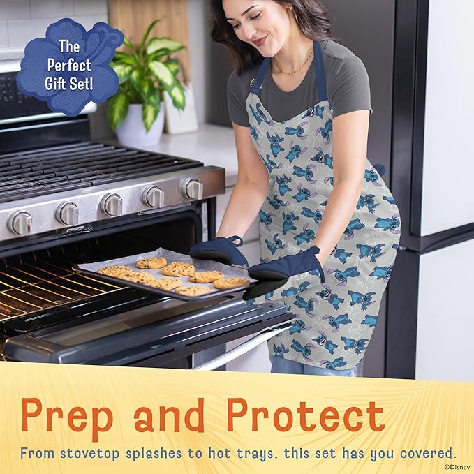 Best Brands Disney Apron & Oven Mitts Set – 3 Piece Bundle with 1 Cotton Kitchen Apron for Cooking & 2 Heat Resistant Pot Holders
