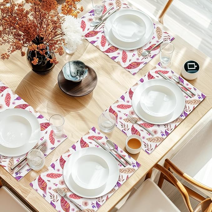Cotton Linen Waterproof Placemats Set of 4, Feathers Leaves Dining Mat Table Mats Decor Fabric for Kitchen Dinner Coffee Shop Table, Indoor/Outdoor Washable Wipeable Placemat -N024