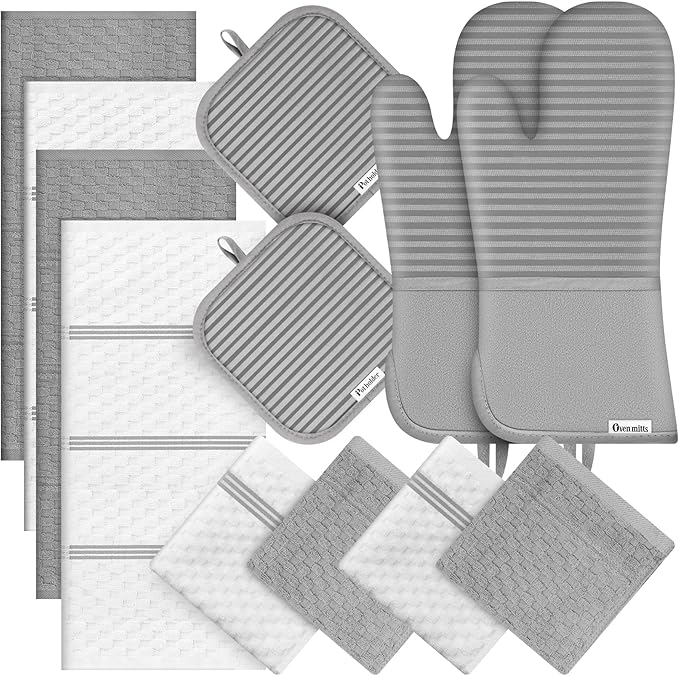 Oven Mitts Kitchen Towels and Dishcloths with Pot Holders Sets, Oven Gloves Hot Pads 500°F Heat Resistant with Silicone Grip, Include 2 Cooking Gloves/2 Potholders/4 Kitchen Towels/4 Dish Towels-Gray