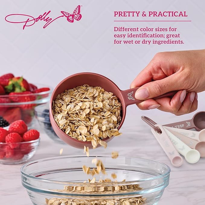 Dolly Parton Measuring Cups and Spoons Set, Pink with Butterfly Accents, Easy-Read Markings, Nesting Design with Ring, 1/4 tsp to 1 Cup, Baking and Cooking Essential, 9 Piece