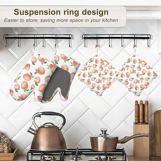 Watercolor Peaches Oven Mitts and Pot Holders Sets,Silicone Kitchen Mitts Potholders Heat Resistant 4Pcs Oven Gloves Hot Pads for Kitchen Baking Cooking