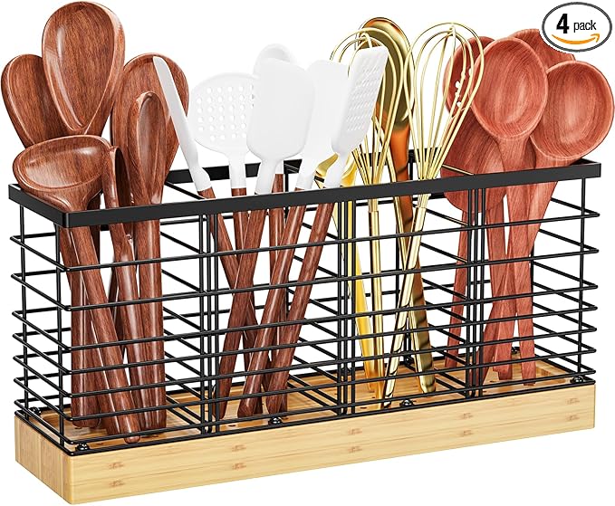Yirilan Large Kitchen Utensil Holder, Cooking Utensil Holder for Counter, Cooking Holder for Spatula with Wooden Base, Kitchen Countertop, Farmhouse Cooking Utensil Storage (4 Compartments)