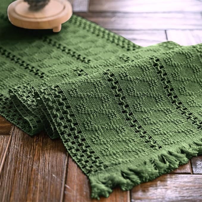 Alynsehom Macrame Table Runner Green Boho Table Runners with Tassels Hand Woven Cotton Table Runner Rustic Farmhouse Table Runners for Bohemian Kitchen Dining Table(12x60in)