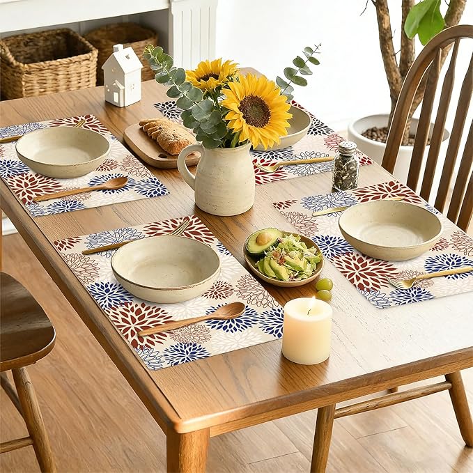 comfoyar Navy Blue Red Dahlia Placemats Set of 4, 12x18 Inch Non-Slip Linen Farmhouse Place Mats, Washable Absorbent Seasonal Table Mats for Kitchen Dining Party Table Decoration