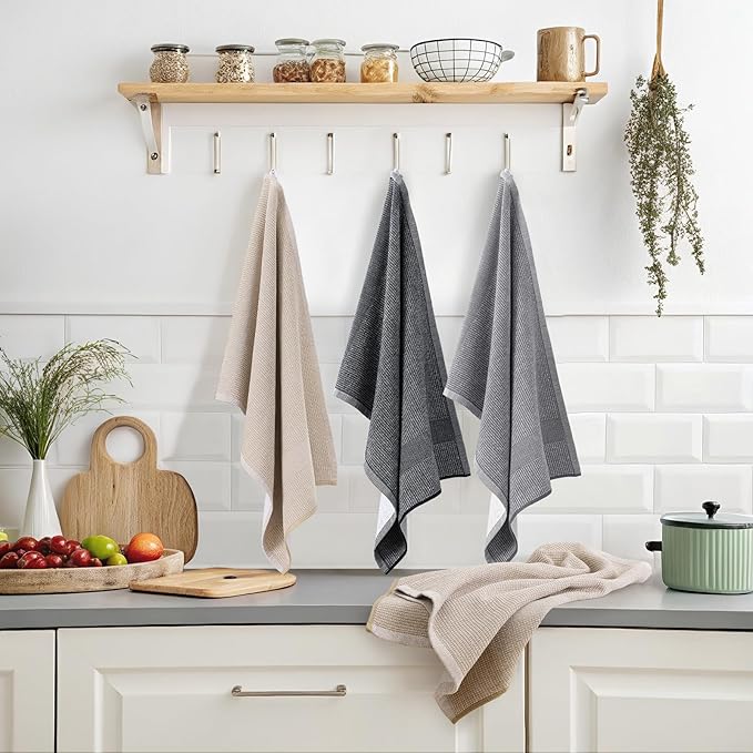 Mordimy Premium Kitchen Towels 12 Pack (18 x 28 Inches, Grey/Khaki/Black), Large Cotton Flat & Terry Kitchen Hand Towel, Super Absorbent Tea Dishtowels Set with Hanging Loop