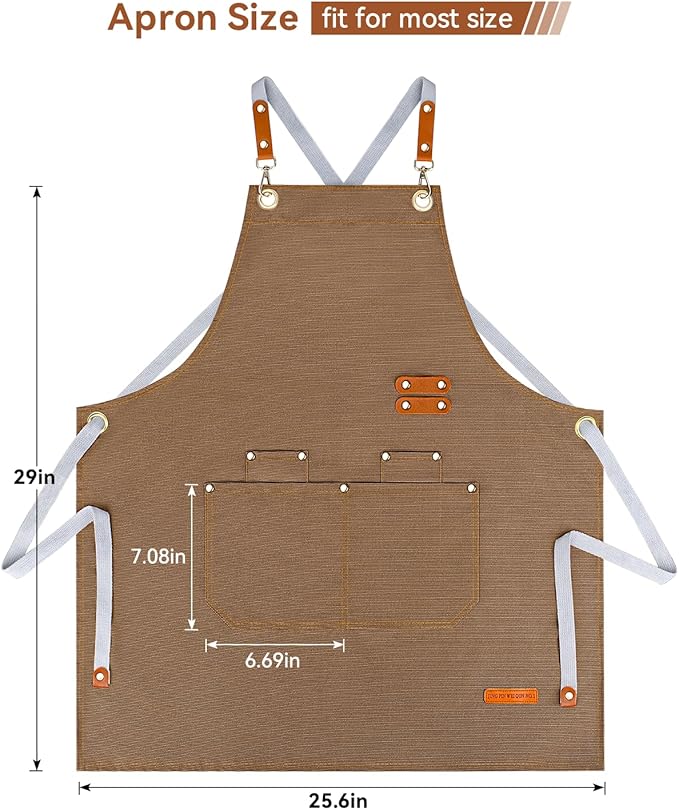 Teskyer Kitchen Cooking Apron with Pockets, Water Oil Resistant, Canvas Cross Back Aprons for Men Women Chef Server