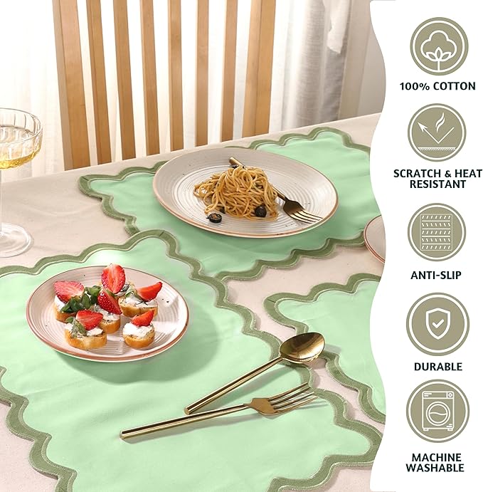 Folkulture Placemats Set of 4 (13 x 19) |100% Cotton, Green Cute Placemats for Dining Table Decor, Party Decorations | Scalloped Place Mats or Heat Resistant Table Mats