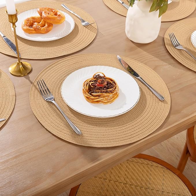 SHACOS 15 inch Round Braided Placemats Set of 6 Cotton Polyester Heat Resistant Round Table Mats Washable Place Mats for Dinner Party Table Decoration (Camel, 6)