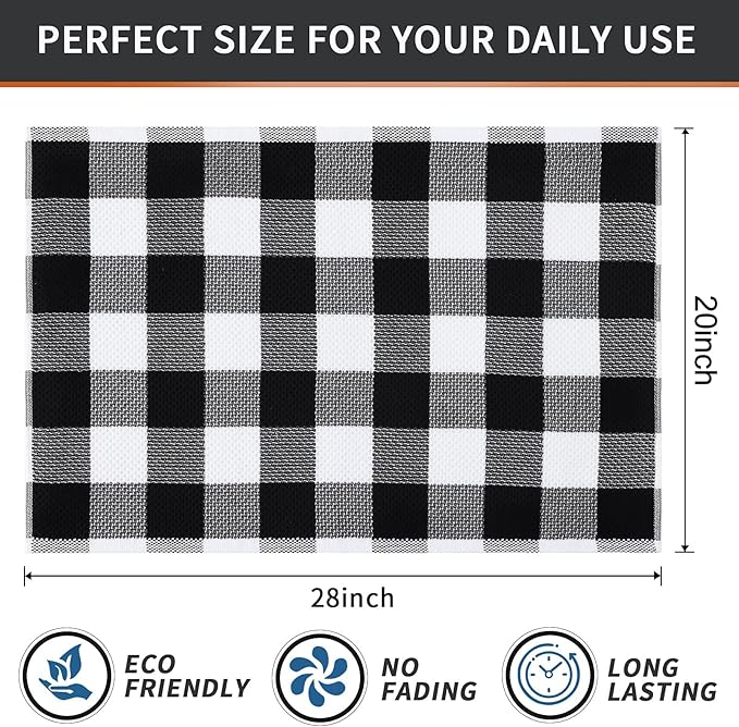 Mordimy 100% Cotton Waffle Weave Kitchen Towels, 20 x 28 Inches, Super Soft and Absorbent Buffalo Check Large Dish Towels for Drying Dishes, 4-Pack, Black & White
