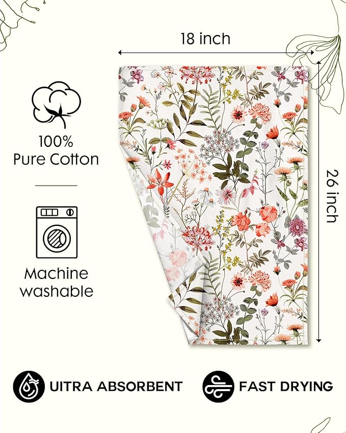 Miss Adola Flour Sack Kitchen Towels Set of 2-18x26 Cotton Dish Towels with Hanging Loop Reusable Tea Towel for Cleaning Spring Absorbent Dishcloths Cute Home Decor Housewarming, Flower Shrubs