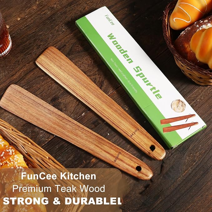 2 Pack Teak Wood Spatula, 12 Inch Wooden Spoons for Cooking, Sourdough Starter, Flat Steak Turner, Dough Whisk Spurtle Baking Utensil, Heat Resistant Spatulas for Cast Iron Flipping, stirring, Turning