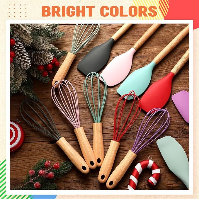 Funnymoom 12 Pcs Small Silicone Whisks and Spatulas with Wooden Handle for Cooking 10 Inch Mini Whisk Spatula Non Stick Kitchen Baking Essentials Cookware for Valentines Day Party Favor Gift Supplies