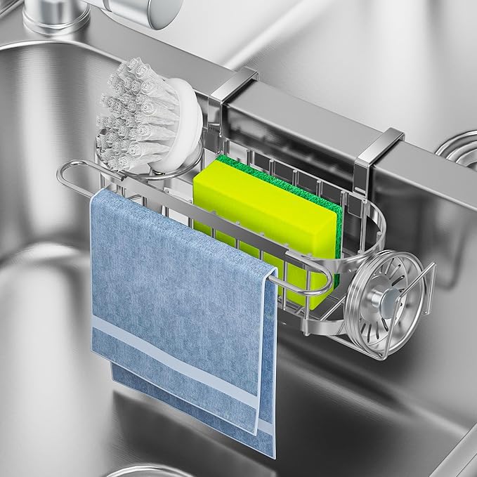 Cisily Silver Kitchen Sink Caddy Sponge Holder in The Sink, Stainless Steel Kitchen Organizer, Brush Holder, Dish Cloth Hanger 2 Installation Ways (Hanging& Adhesives