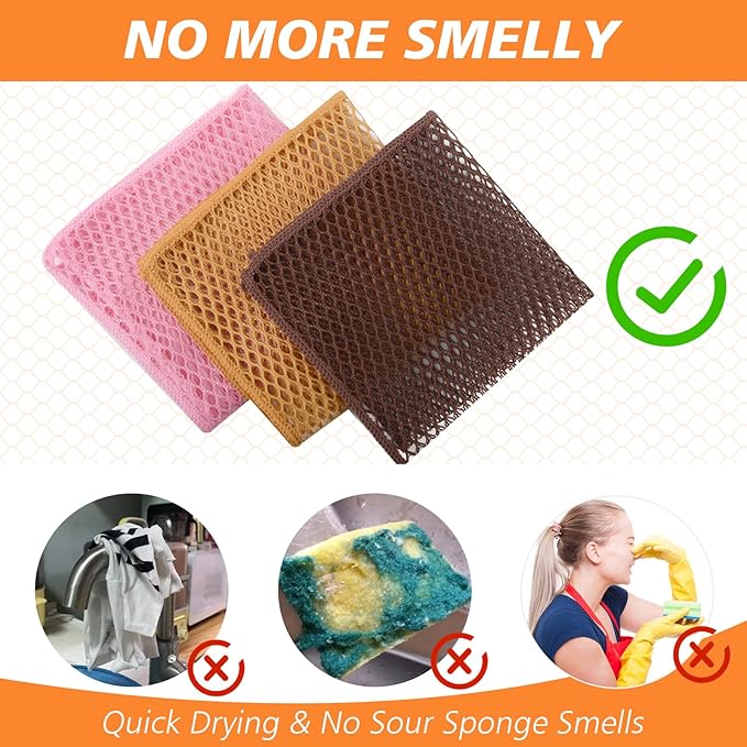 SUNLAND Netted Dish Cloths for Washing Dishes No Odor Dishes Scrubber for Kitchen-Fast Drying and Easy to Clean Mesh Dish Cloth 6 Pack 12Inch x12Inch (Rose Pink+Yellow+Brown)