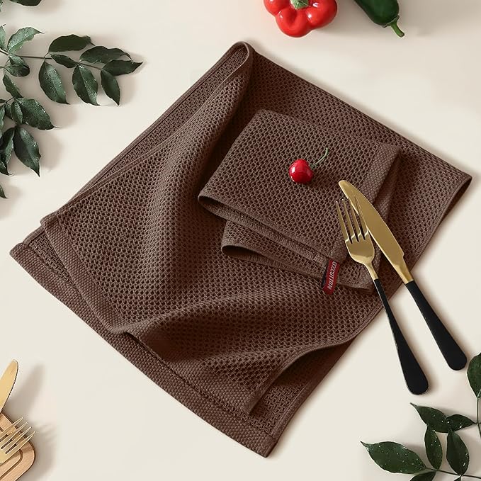 Kitinjoy 100% Cotton Waffle Weave Kitchen Hand Towels (13 X 28 Inches, Coffee), 4-Pack Super Soft and Absorbent Dish Towel for Drying Dishes
