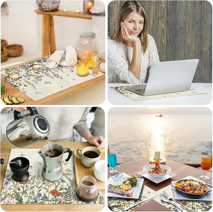 comfoyar Spring Wildflower Placemats Set of 4, 12x18 Inch Non-Slip Linen Antique Herbs and Wild Flowers Place Mats, Washable Absorbent Table Mats for Kitchen Dining Party Table Decoration