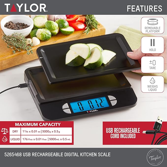 Taylor USB Rechargeable Digital Kitchen and Food Scale, 11 pound capacity with Dishwasher Safe Tray, Cord Included