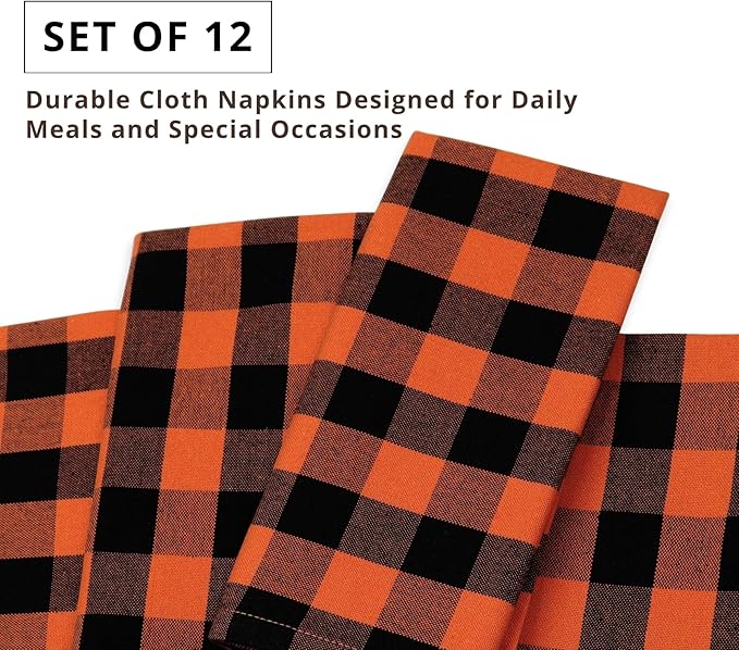 PurpleEssences Buffalo Plaid Cloth Napkins - Mitered Corners - Spring Easter Summer - Gingham Check Dinner Napkin - Set of 12-100% Cotton - 18x18 Inch - Reusable Washable - Orange and Black
