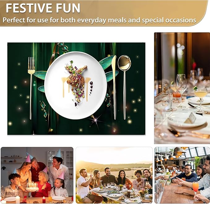 Green Jewel Dragonfly Place Mats Set of 6, Table Mats Heat Insulation Non Slip Washable Dining Placemats for Wedding Holiday Party Kitchen Decor 12X18 in