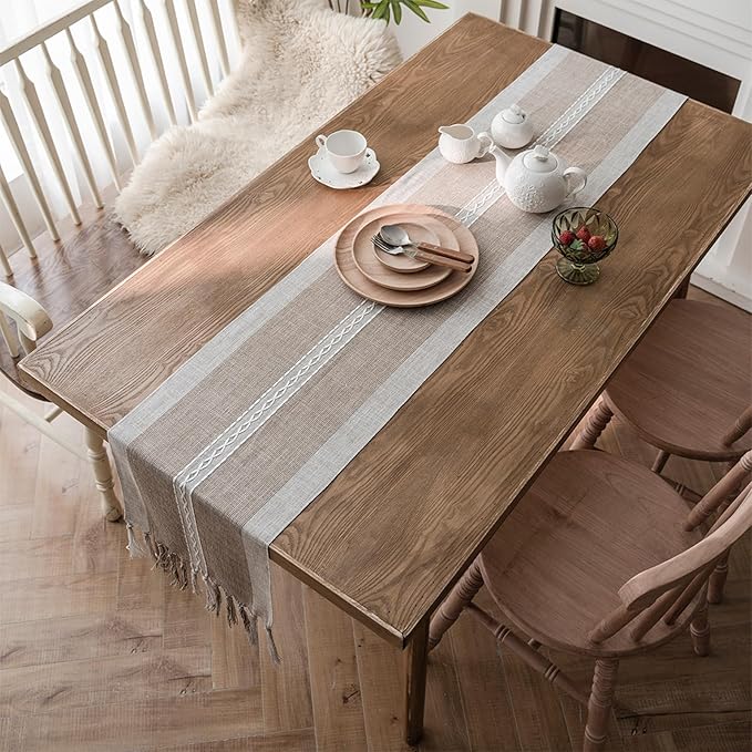 Niviy Farmhouse Table Runner, Embroidered Striped Braided Coffee Boho Table Runner, Cotton Linen Farmhouse Table Decoration for Holiday Party 12 x 36 Inches