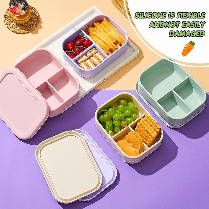 Layhit 4 Pcs Silicone Bento Box for Adults, 27 oz Bento Lunch Container Reusable 3 Compartment Lunchable Food Container for Women Men, Leak Proof Microwave Dishwasher Freezer Safe (Desaturated Colors)