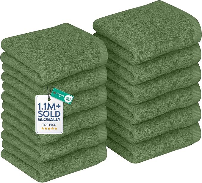 DAN RIVER 12 Pack Wash Cloths for Showering [12x12] - 100% Cotton Washcloths Premium Quality Flannel Face Cloths for Bathroom, Highly Absorbent and Soft Feel Wash Clothes, Sage Green