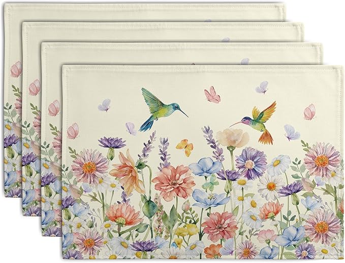 Flowers Bird Spring Summer Placemats Set of 4 Watercolor Floral Hummingbird Butterfly Place Mats 12x18 Inch Wildflowers Grass Seasonal Farmhouse Linen Table Mat for Kitchen Dining Decor