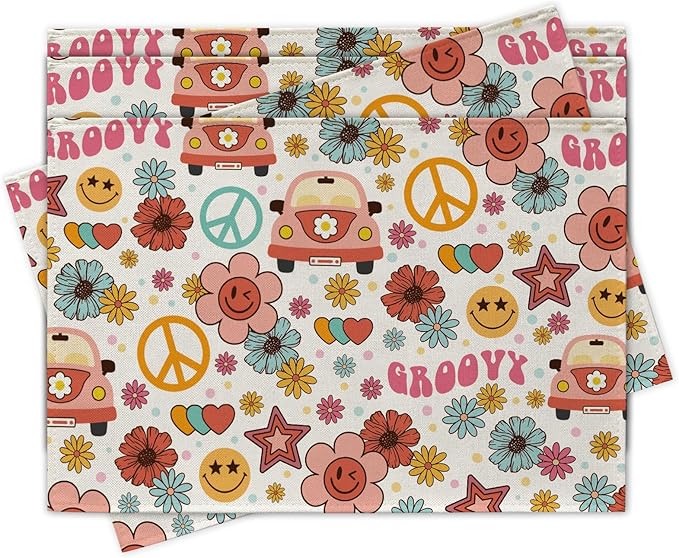Groovy Hippie Daisy Flower Placemats Set of 4, Vintage Bus Floral Peace Love Hearts Dining Place Mats Table Decor, Retro Smiley Face Home Kitchen Decoration 12''x18''