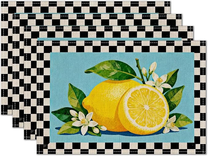 HOMETITUTE Placemats Set of 4 12x18 inch Lemon Pattern Spring Table Mats for Dining Table Linen Placemats Farmhouse Decorations Kitchen Decor Desk Mat for Outdoor Home Party Kitchen Seasonal Dining