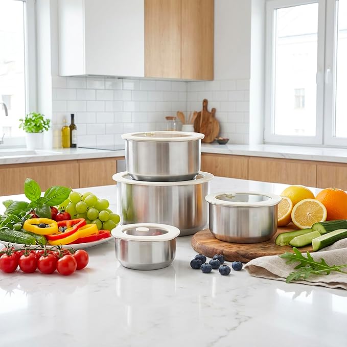 Urban Green Stainless Steel Food Containers with Glass Lid, Airtight Leakproof Stainless Steel Storage Containers in set of 4, Round Shape, Microwave Safe, 100% Plastic Free