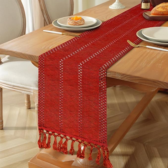 Niviy Christmas Table Runner for Red Tassel Home Decor 108 Inches Long, Winter Xmas Holiday Rustic Macrame Cotton Linen Woven Coffee Table Runners for Christmas Dining Table Decoration, Red
