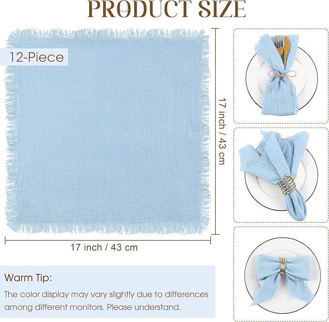TURSTIN 12 Pieces Cotton Linen Cloth Napkin Handmade Cloth Napkin with Fringe 17 x 17 Inch Soft Cloth Dinner Wedding Napkin Square Rustic Fringe Table Napkin for Dinners, Parties, Weddings, Light Blue