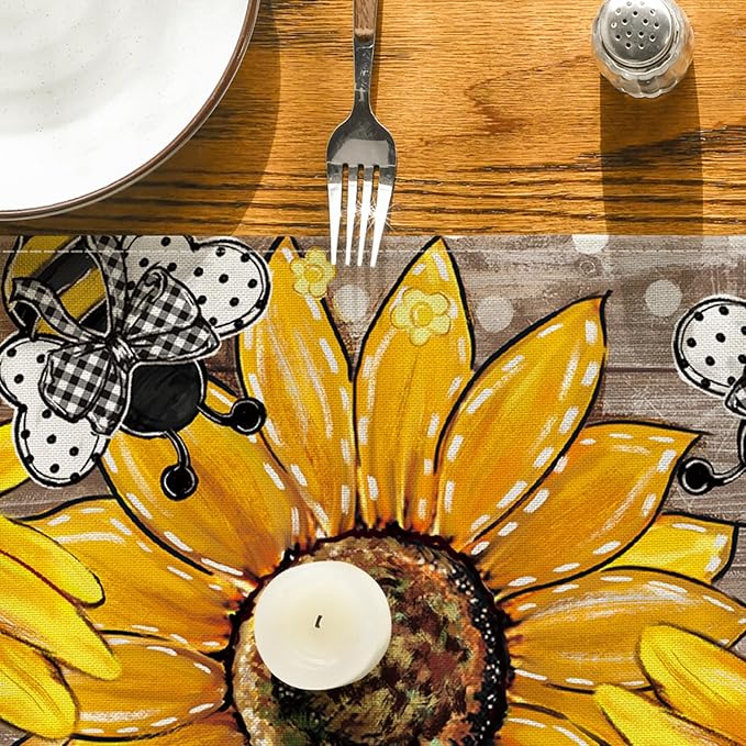 Artoid Mode Wood Sunflower Bee Flower Polka Dot Summer Table Runner, Seasonal Kitchen Dining Table Decoration for Home Party Decor 13x36 Inch