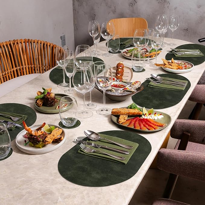 ADRIMER Placemats, Heat Resistant Oval Placemats Set of 6 Washable 12 x 17 Inch, Waterproof Table Mats, Wipeable Pu Place Mats for Kitchen, Dining Room, Olive Green