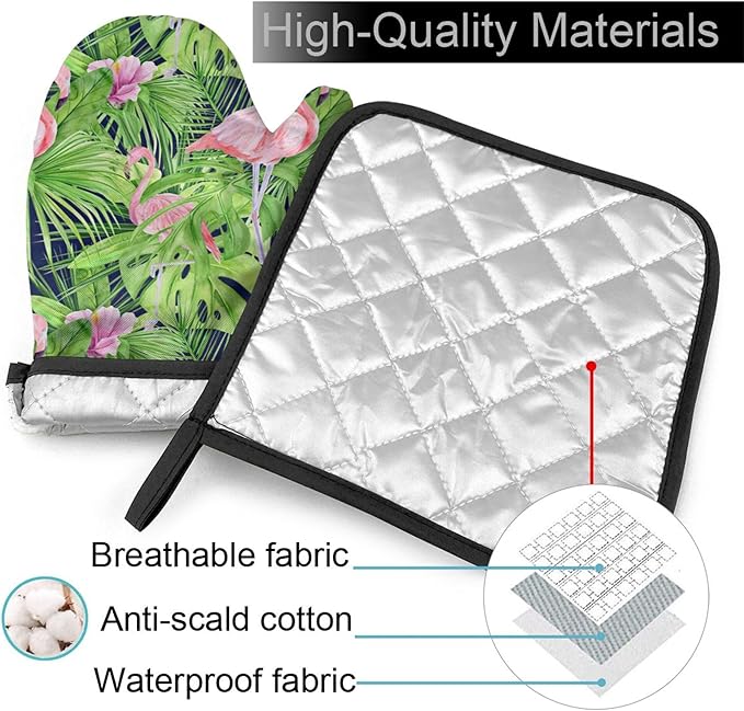 Watercolor Illustration Tropical Leaves Oven Mitts & Pot Holders Sets 2pcs Summer Pink Flamingo Decorative Kitchen Heat Resistant Non-Slip Hot Pad for Cooking Oven Gloves Baking BBQ