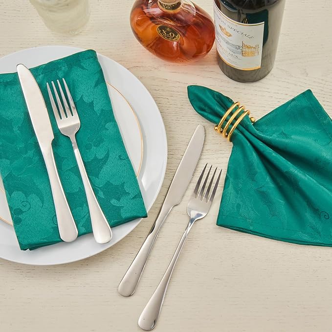 Cloth Napkins Set of 8 – Square Jacquard Floral Flowers Fabric Polyester Washable Reusable for Kitchen Dinner Dining Restaurants Wedding Party Banquet Table(Dark Green/17x17 Inch)