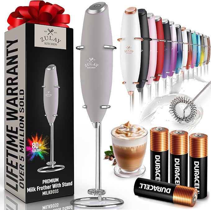 Zulay Kitchen Powerful Milk Frother Wand With 4 AA Duracell Batteries - Ultra Fast Handheld Drink Mixer - Electric Whisk Foam Maker for Coffee, Lattes, Cappuccino, Matcha & Creamer - Light Gray