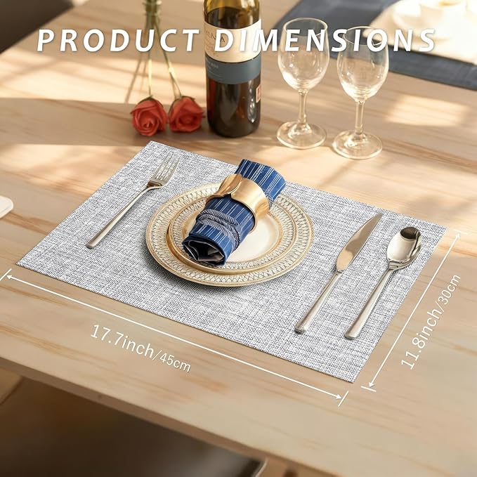 Durable Vinyl Placemats Set of 12, Non-Slip for Dining Table Mat, Heat Resistant Place Mats, Washable Anti-Slip PVC Easy to Clean Wipeable Premium Plastic Mats for Kitchen Grey