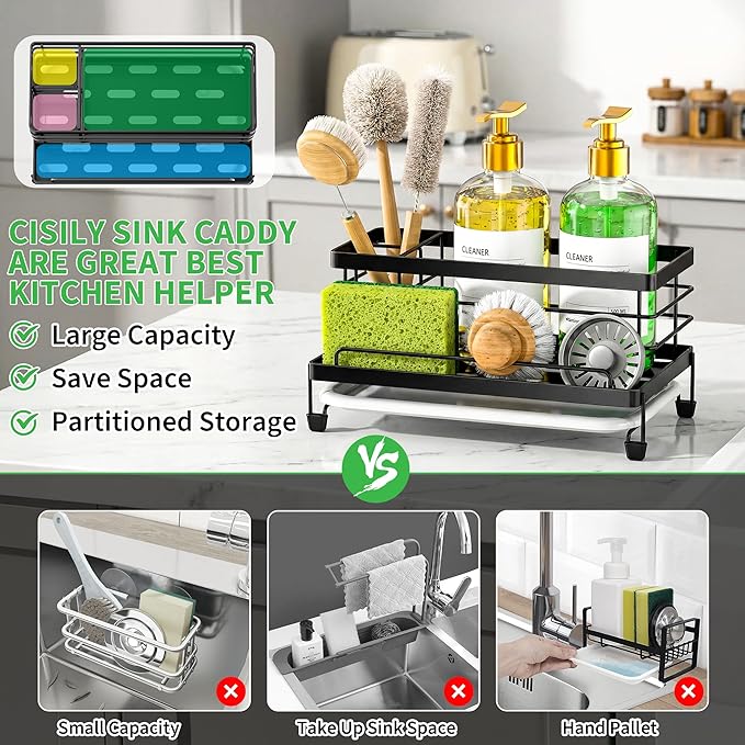 Cisily Large Black Sponge Holder for Kitchen, Sink Caddy Sink Organizer Rack for Kitchen Accessories with Drip Tray, Rustproof and Non-slip, Soap Dispenser Countertop Organizer Essentials for New Home