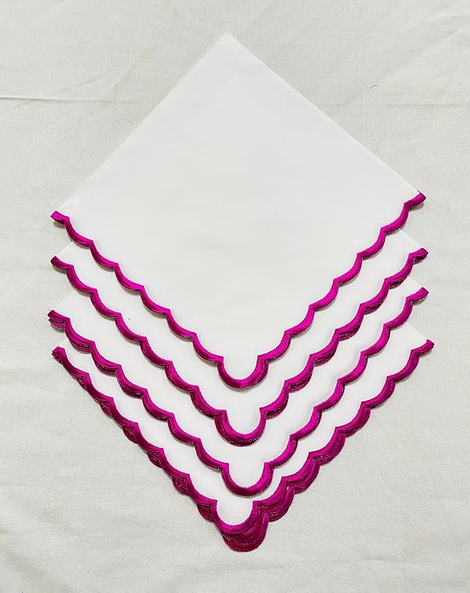 Ridhi Cloth Napkins 100% Pure Cotton Farmhouse Wedding Dinner Napkins Gift for Spring, Easter, Valentine, Holiday, Everyday Napkin (4-18" x 18" White with Pink Edge)