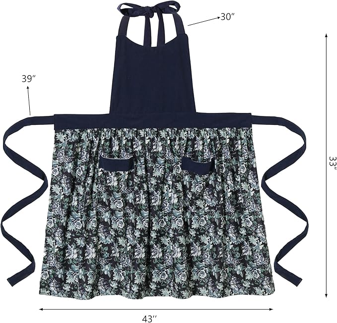 Cute Floral Aprons for Women with Pockets,Cotton Adjustable Neck Strap Apron for Kitchen Cooking Baking Gardening