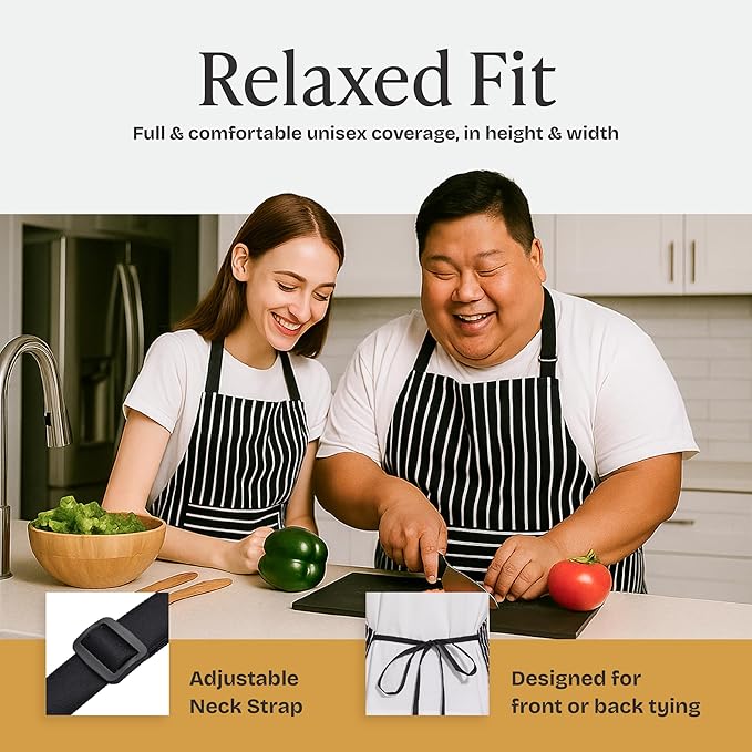 Will Well Kitchen Apron for Men and Women - 33" x 27" Oil-and-Water-Resistant with Adjustable Neck Strap and 38" Waist Ties for a Snug Fit, Lightweight with 2 Front Pockets - 2-Pack, Black