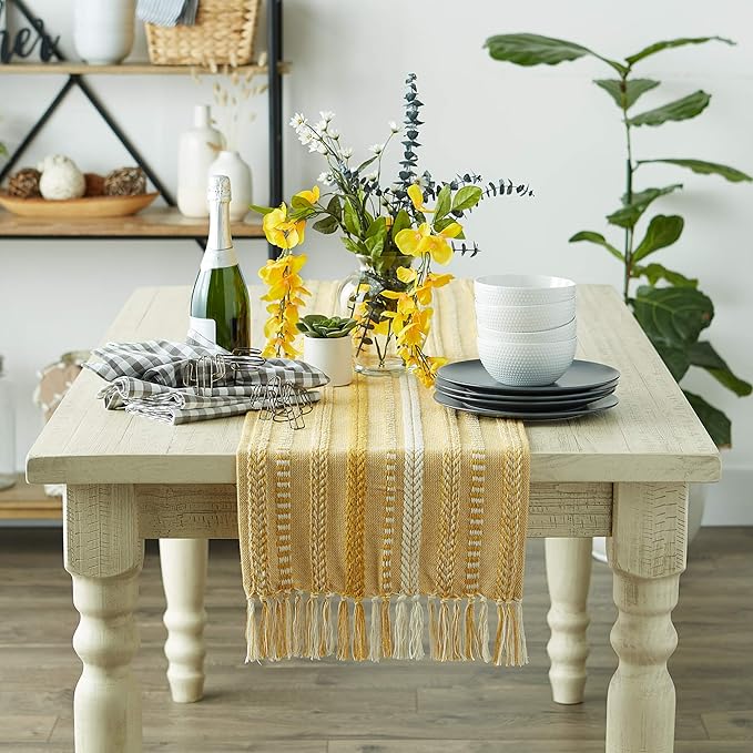 DII Farmhouse Braided Stripe Table Runner Collection, 15x72 (15x77, Fringe Included), Honey Gold